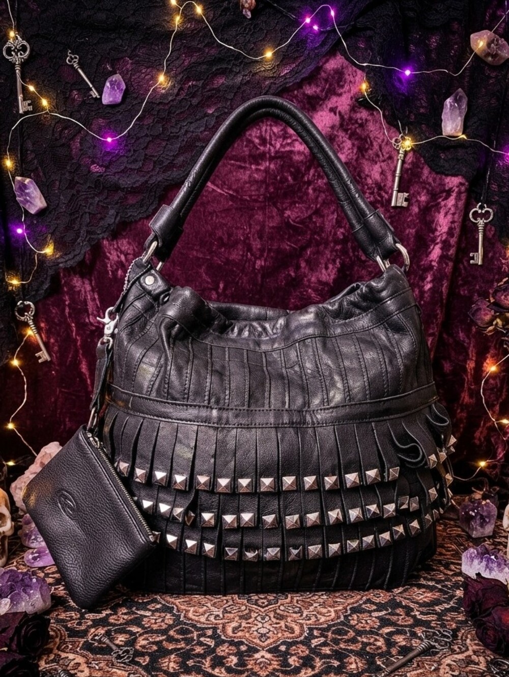 Luxe Lambskin Leather Silver Studded Fringe Shoulder Bag w/Matching Coin Pouch - Picture 15 of 15